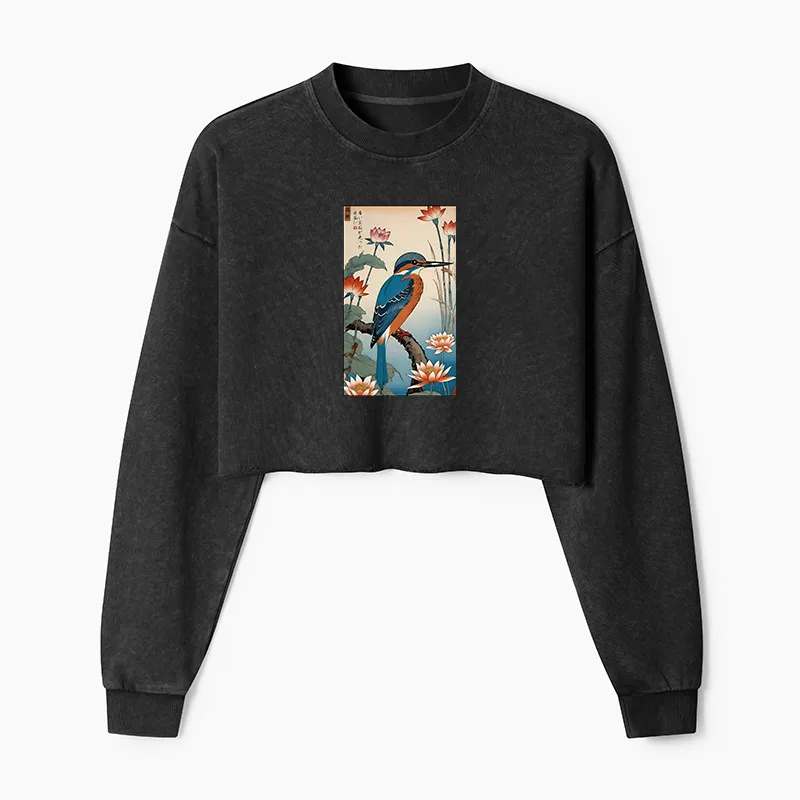 Tokyo-Tiger Ukiyo-e Kingfisher Washed Crop Sweatshirt