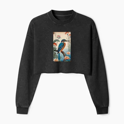 Tokyo-Tiger Ukiyo-e Kingfisher Washed Crop Sweatshirt