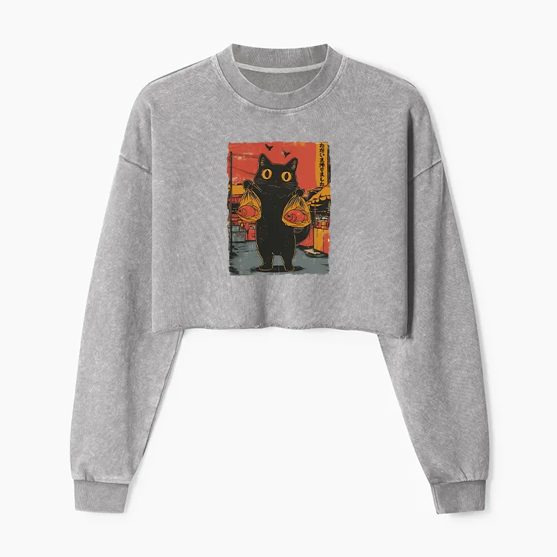 Tokyo-Tiger Cat Fishing Japanese Washed Crop Sweatshirt