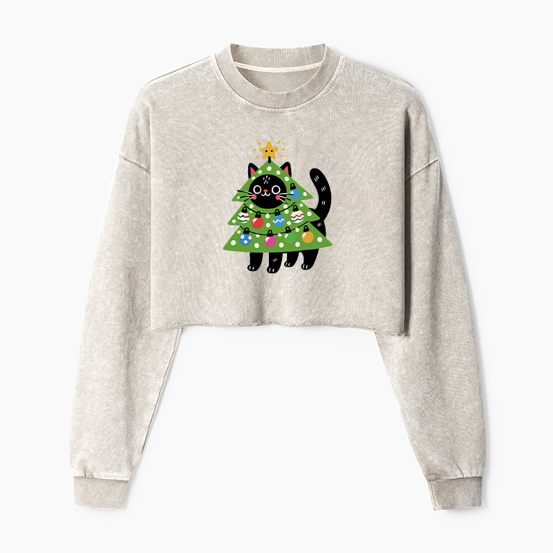 Tokyo-Tiger Christmas Tree Cat Washed Crop Sweatshirt