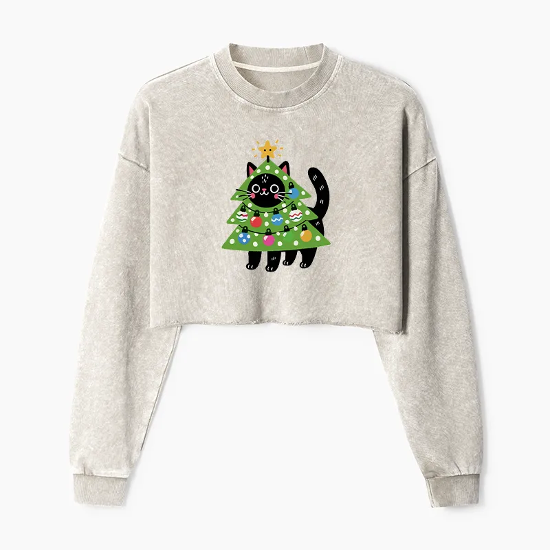 Tokyo-Tiger Christmas Tree Cat Washed Crop Sweatshirt