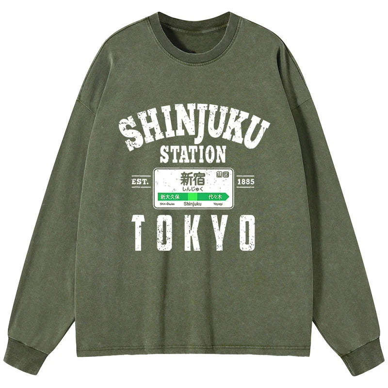Tokyo-Tiger Shinjuku Station Yamanote Line Washed Long Sleeve T-Shirt