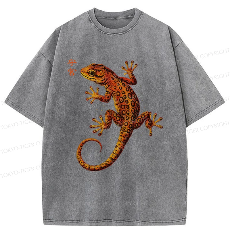 Tokyo-Tiger Retro Gecko Funny Washed T-Shirt