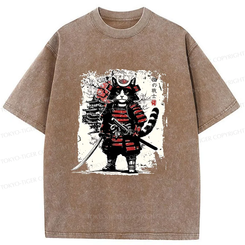 Tokyo-Tiger Retro Cat Japanese Samurai Washed T-Shirt