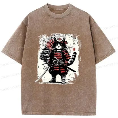 Tokyo-Tiger Retro Cat Japanese Samurai Washed T-Shirt