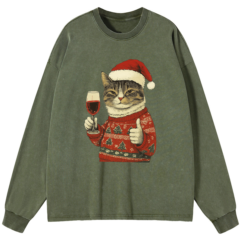 Tokyo-Tiger Christmas Cat Likes Washed Long Sleeve T-Shirt