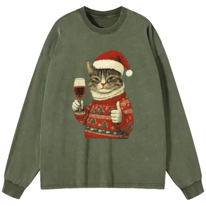Tokyo-Tiger Christmas Cat Likes Washed Long Sleeve T-Shirt