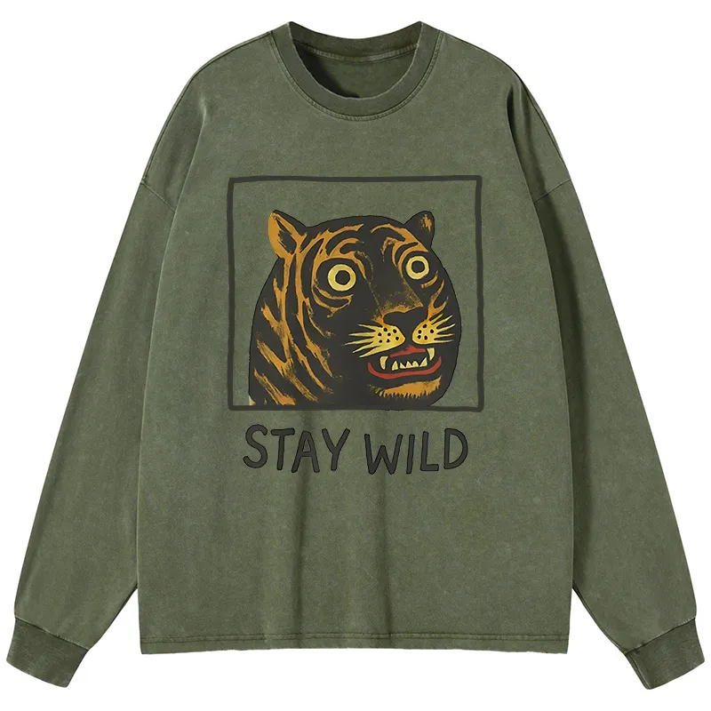Tokyo-Tiger Silly And Cute Tiger Washed Long Sleeve T-Shirt