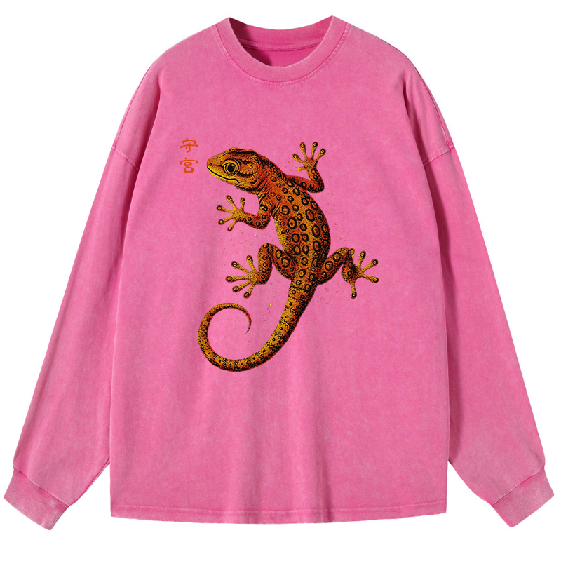 Tokyo-Tiger Retro Gecko Funny Washed Long Sleeve T-Shirt