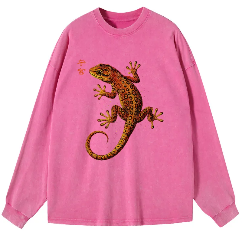 Tokyo-Tiger Retro Gecko Funny Washed Long Sleeve T-Shirt