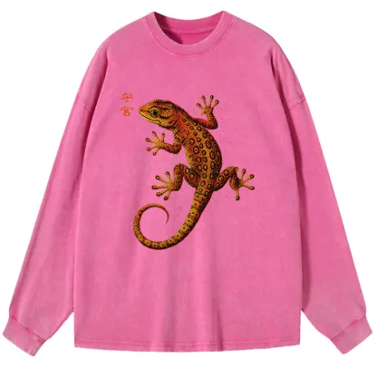 Tokyo-Tiger Retro Gecko Funny Washed Long Sleeve T-Shirt