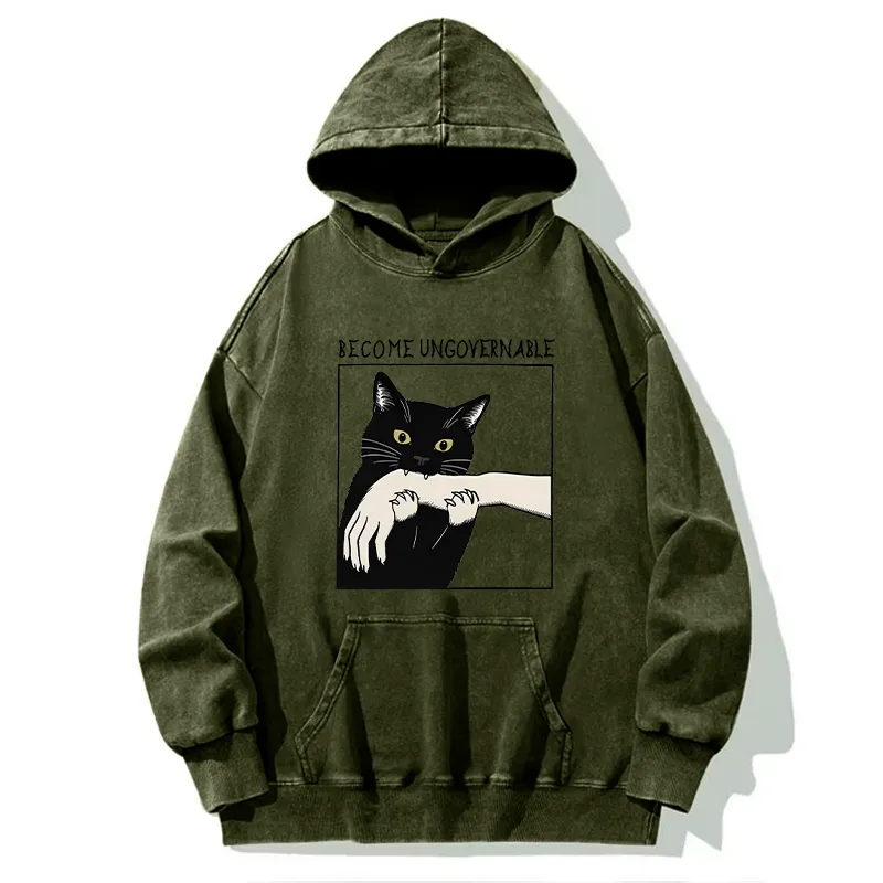 Tokyo-Tiger Black Cat Biting Washed Hoodie