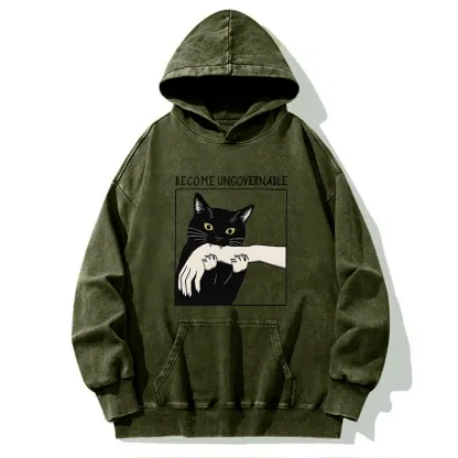 Tokyo-Tiger Black Cat Biting Washed Hoodie