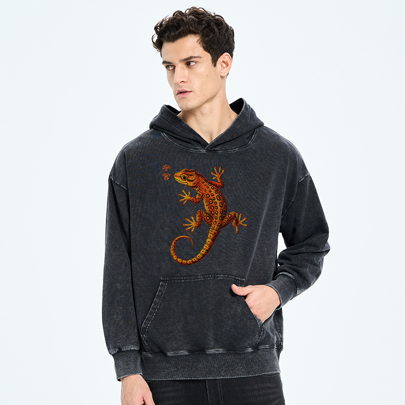 Tokyo-Tiger Retro Gecko Funny Washed Hoodie