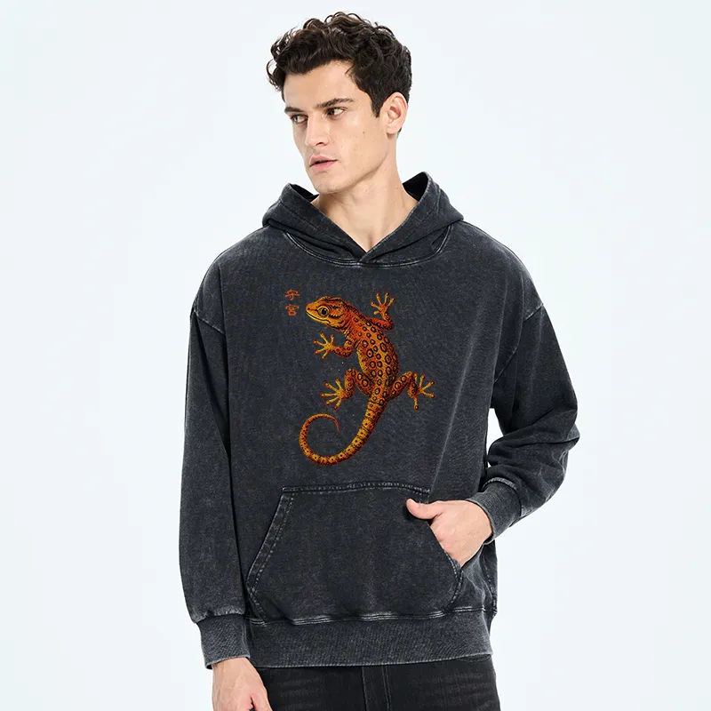 Tokyo-Tiger Retro Gecko Funny Washed Hoodie