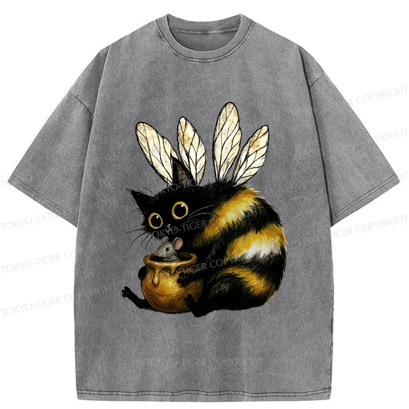 Tokyo-Tiger Cute CatBee Washed T-Shirt