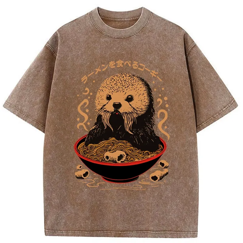 Tokyo-Tiger Otter Eating Ramen Washed T-Shirt