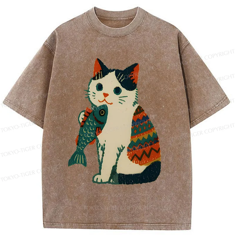 Tokyo-Tiger Retro Kitten Catching Fish Washed T-Shirt