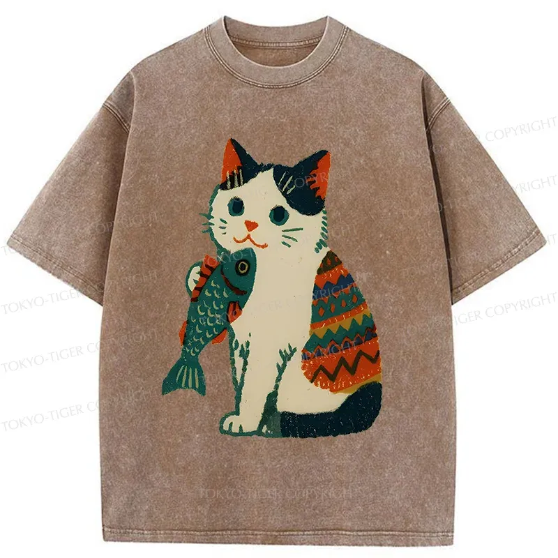 Tokyo-Tiger Retro Kitten Catching Fish Washed T-Shirt