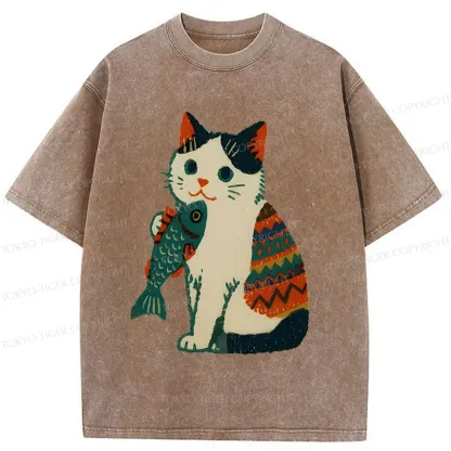 Tokyo-Tiger Retro Kitten Catching Fish Washed T-Shirt