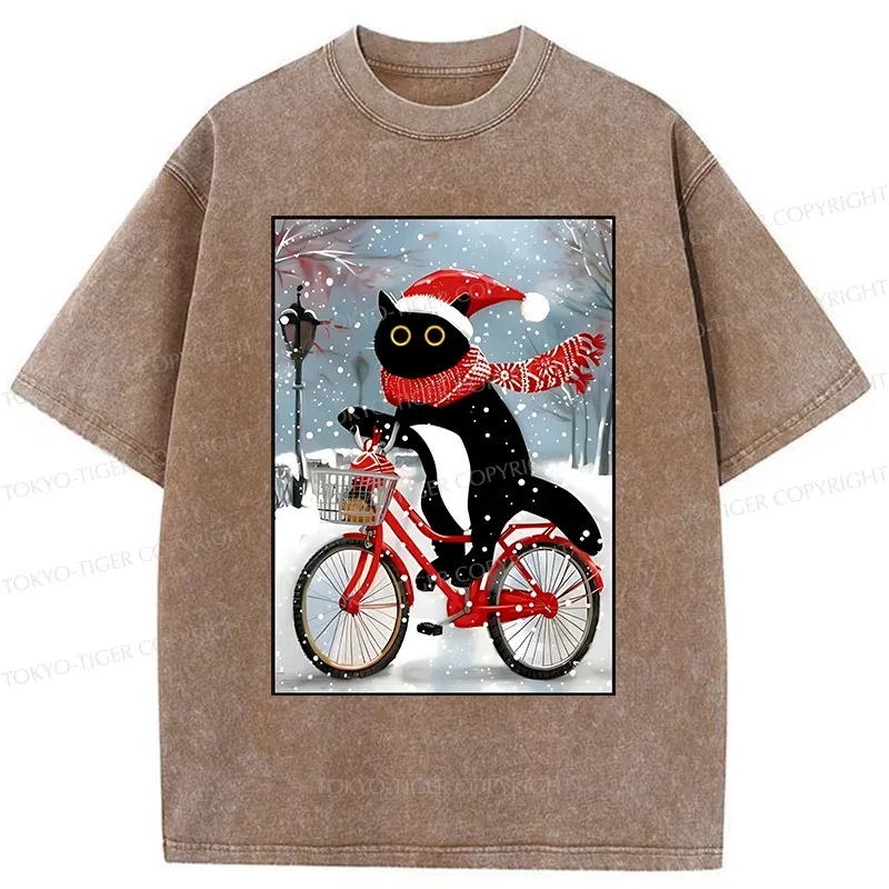 Tokyo-Tiger Black Cat Riding A Bicycle Washed T-Shirt