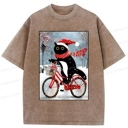 Tokyo-Tiger Black Cat Riding A Bicycle Washed T-Shirt