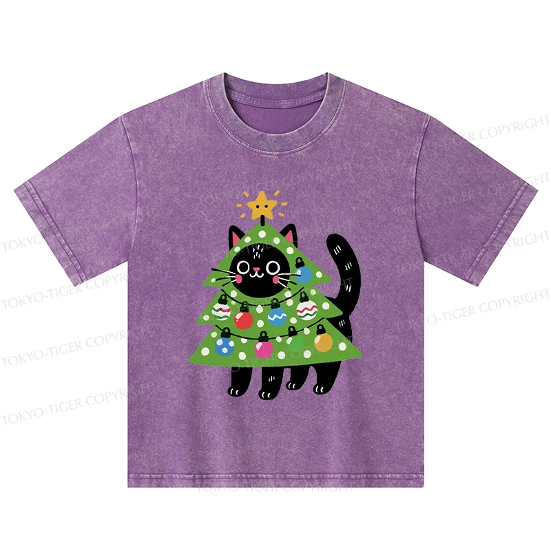 Tokyo-Tiger Christmas Tree Cat Kids Washed T-Shirt