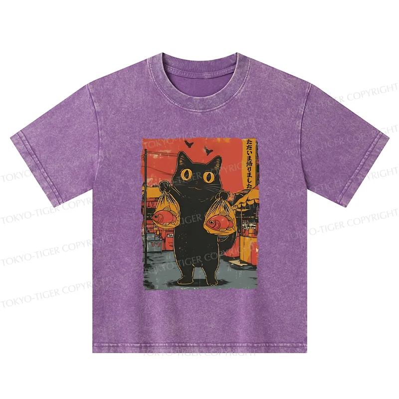 Tokyo-Tiger Cat Fishing Japanese Kids Washed T-Shirt