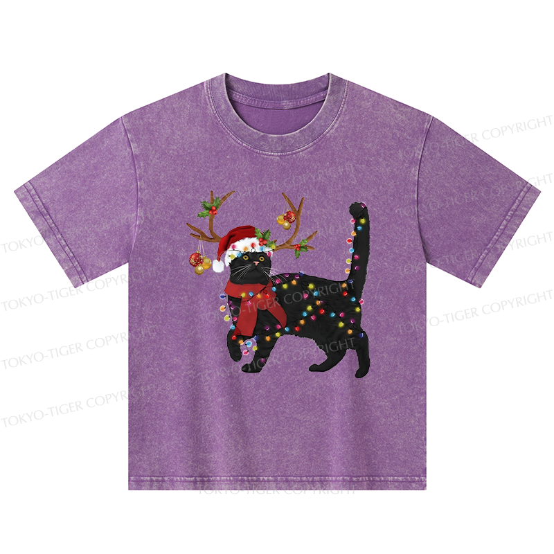 Tokyo-Tiger Christmas Black Cat Kids Washed T-Shirt