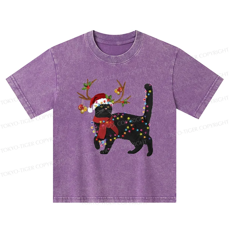 Tokyo-Tiger Christmas Black Cat Kids Washed T-Shirt