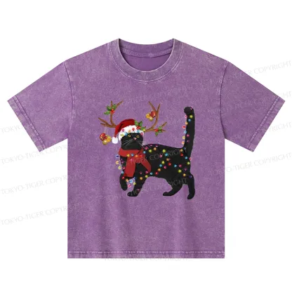 Tokyo-Tiger Christmas Black Cat Kids Washed T-Shirt