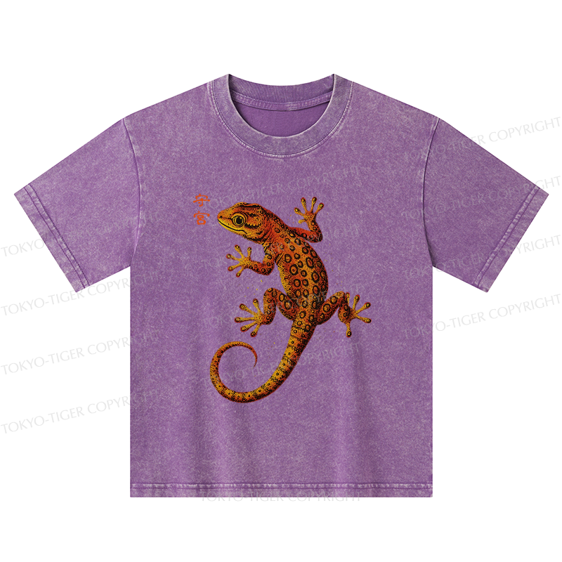 Tokyo-Tiger Retro Gecko Funny Kids Washed T-Shirt