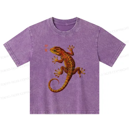 Tokyo-Tiger Retro Gecko Funny Kids Washed T-Shirt