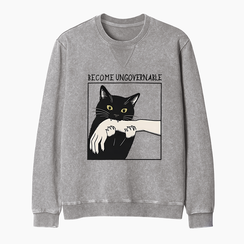 Tokyo-Tiger Black Cat Biting Washed Terry Sweatshirt