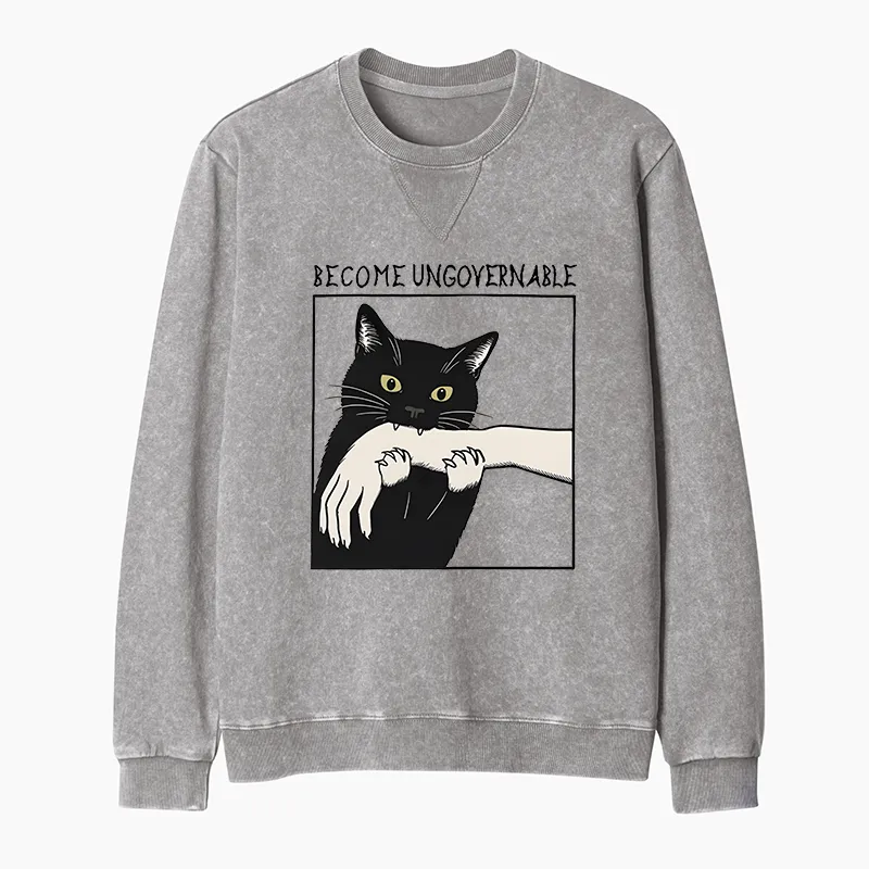 Tokyo-Tiger Black Cat Biting Washed Terry Sweatshirt
