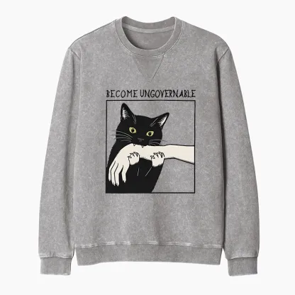 Tokyo-Tiger Black Cat Biting Washed Terry Sweatshirt