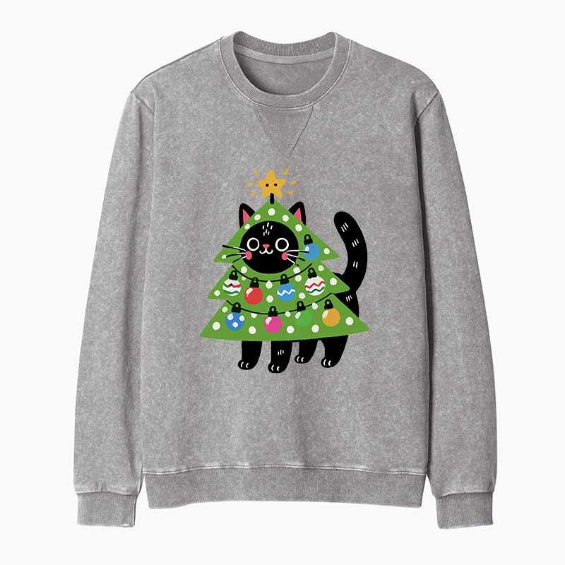 Tokyo-Tiger Christmas Tree Cat Washed Terry Sweatshirt