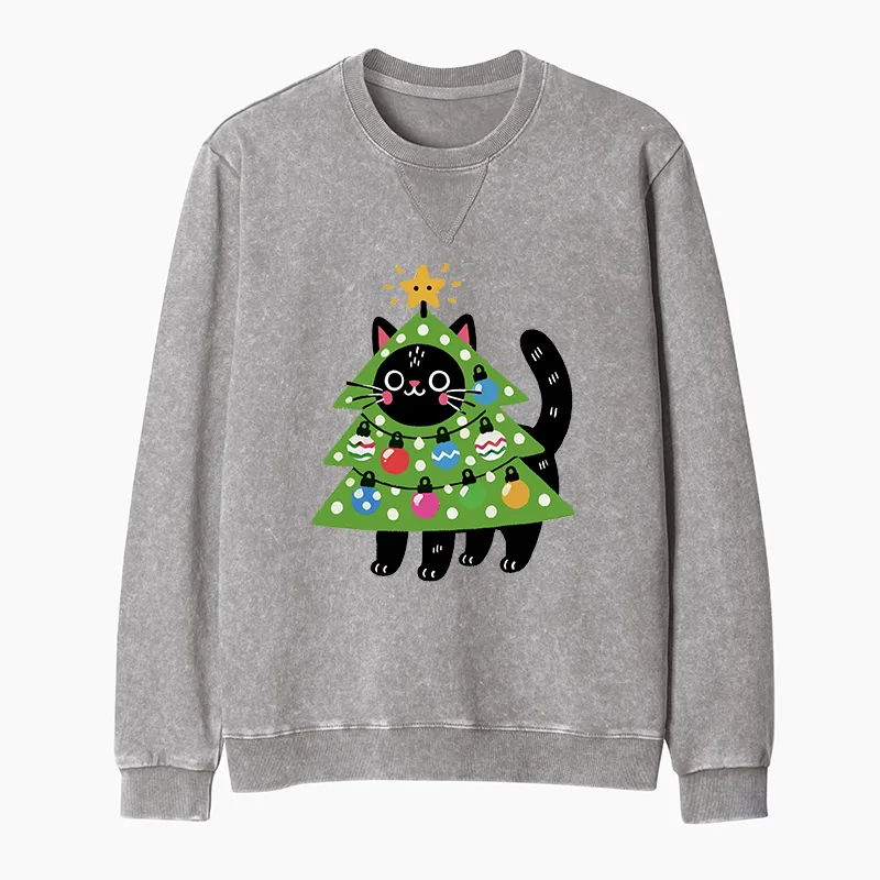 Tokyo-Tiger Christmas Tree Cat Washed Terry Sweatshirt