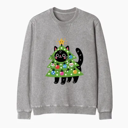 Tokyo-Tiger Christmas Tree Cat Washed Terry Sweatshirt