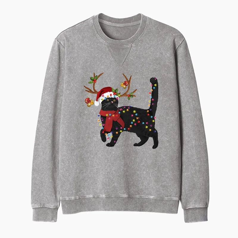Tokyo-Tiger Christmas Black Cat Washed Terry Sweatshirt