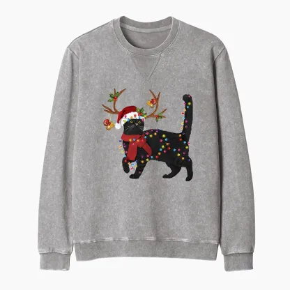 Tokyo-Tiger Christmas Black Cat Washed Terry Sweatshirt