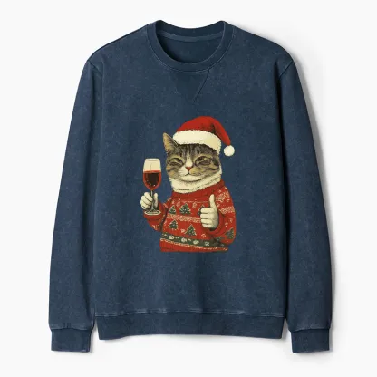 Tokyo-Tiger Christmas Cat Likes Washed Terry Sweatshirt