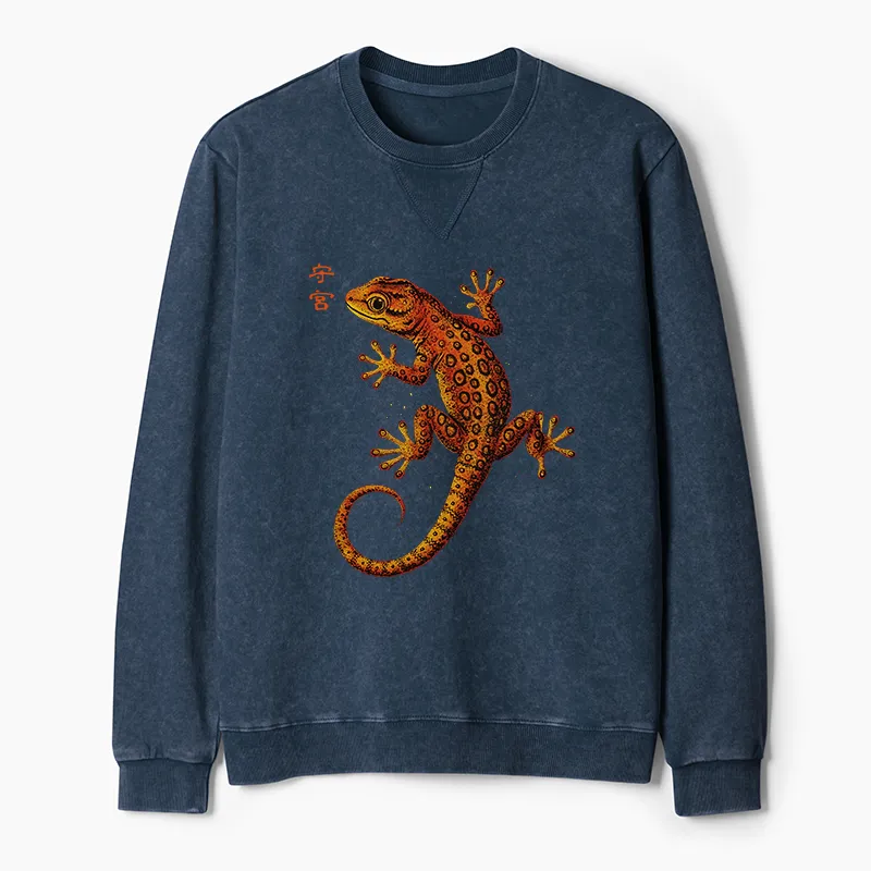 Tokyo-Tiger Retro Gecko Funny Washed Terry Sweatshirt