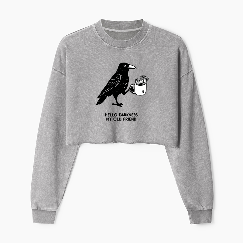 Tokyo-Tiger Crow Drinking Black Coffee Funny Washed Crop Sweatshirt