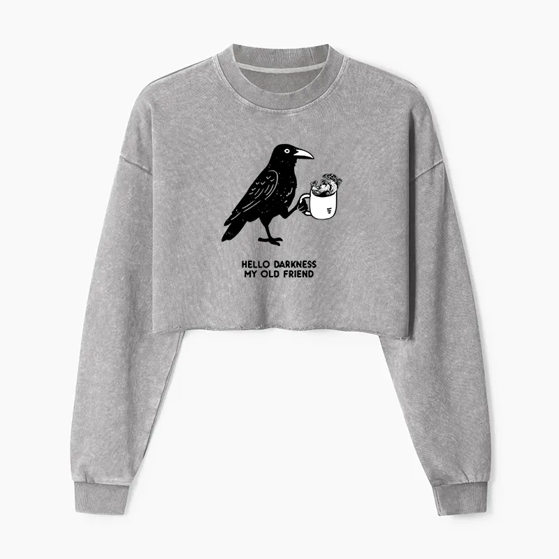 Tokyo-Tiger Crow Drinking Black Coffee Funny Washed Crop Sweatshirt