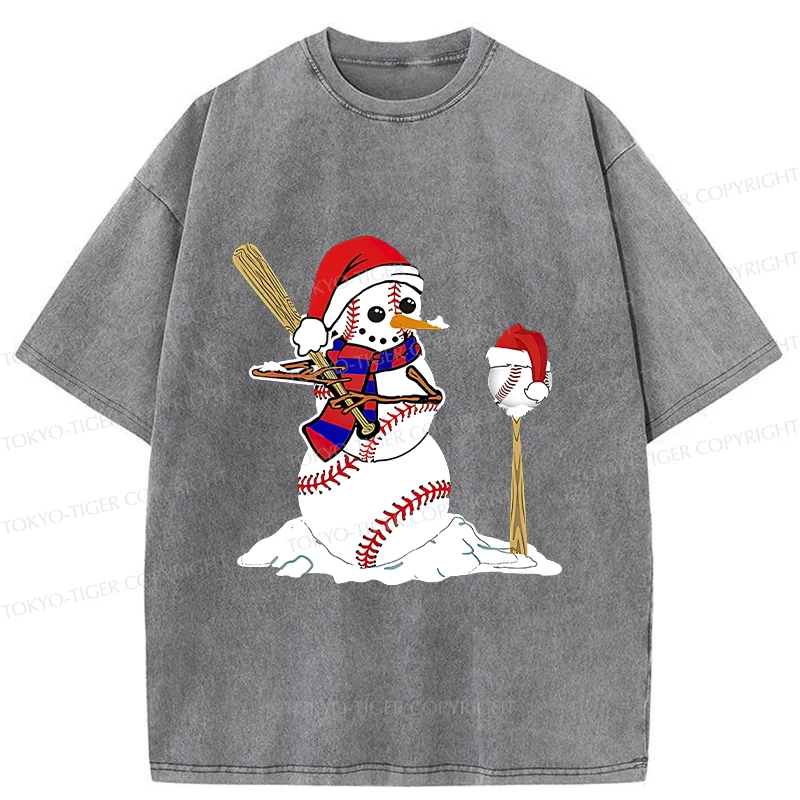 Tokyo-Tiger Snowman Playing Baseball Washed T-Shirt