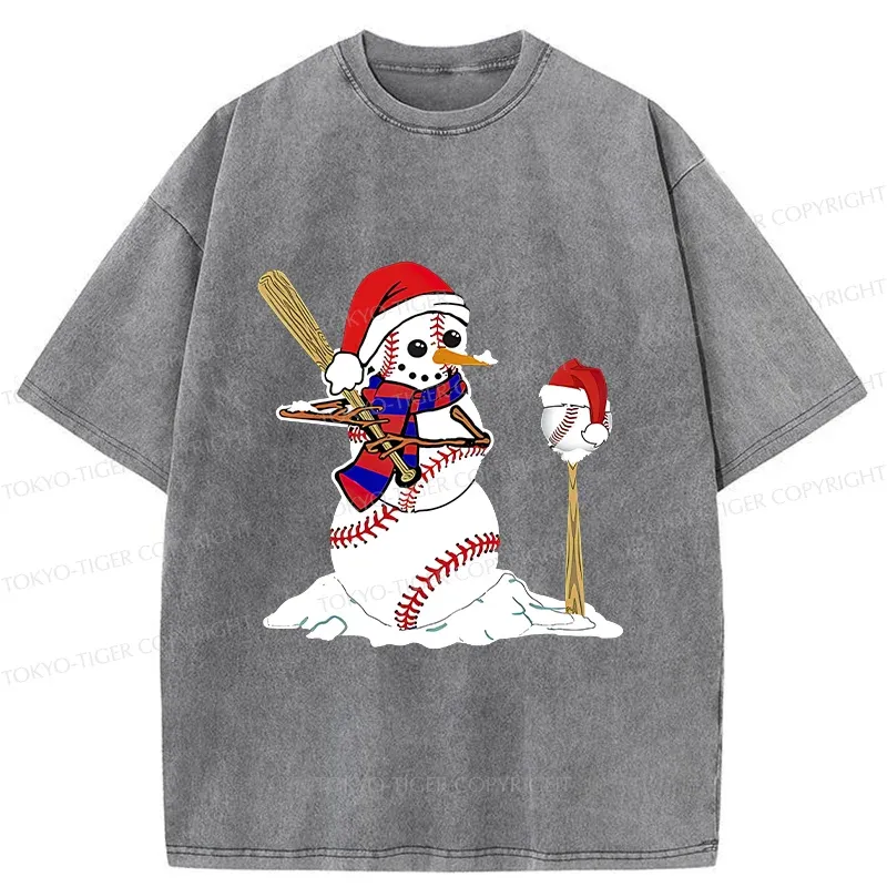Tokyo-Tiger Snowman Playing Baseball Washed T-Shirt