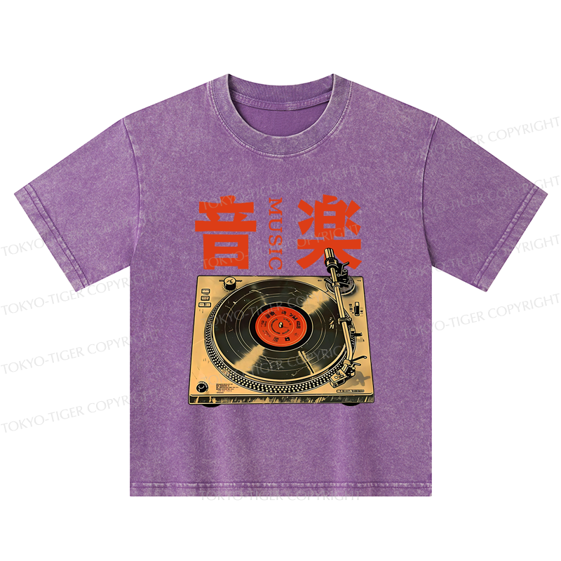 Tokyo-Tiger Retro Music Record Player Kids Washed T-Shirt