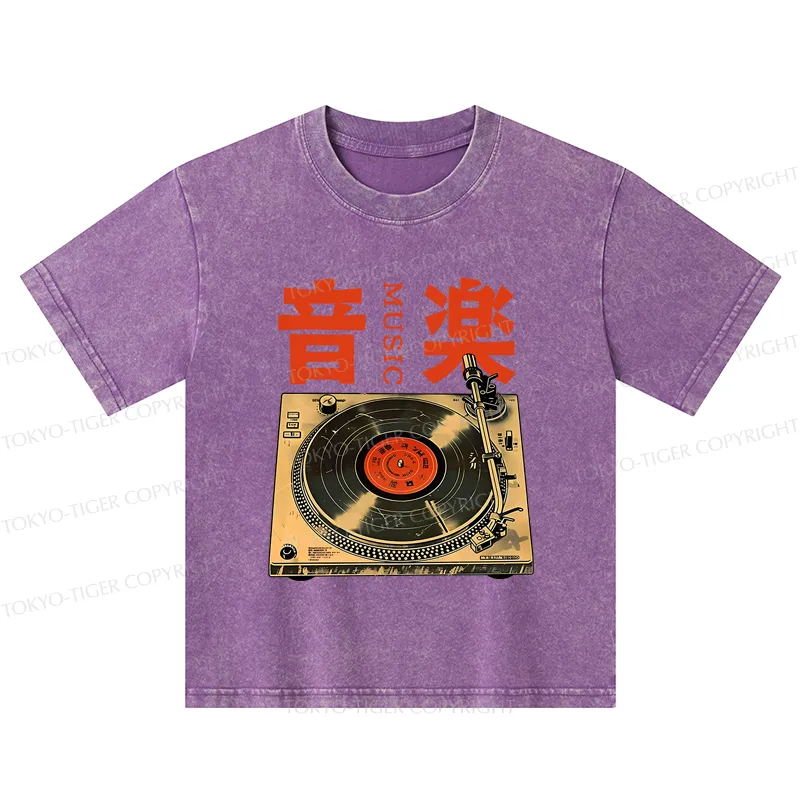 Tokyo-Tiger Retro Music Record Player Kids Washed T-Shirt