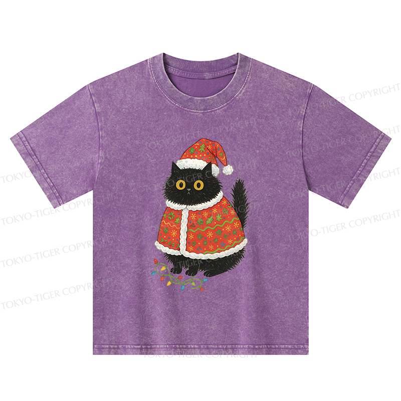 Tokyo-Tiger Cat Wearing Santa Hat Kids Washed T-Shirt